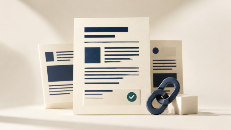 Illustration of editorial pages beside a chain-link symbol and an approval checkmark.