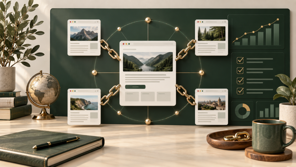 Link building strategy connecting relevant publisher pages to a central website