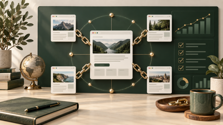 Link building strategy connecting relevant publisher pages to a central website